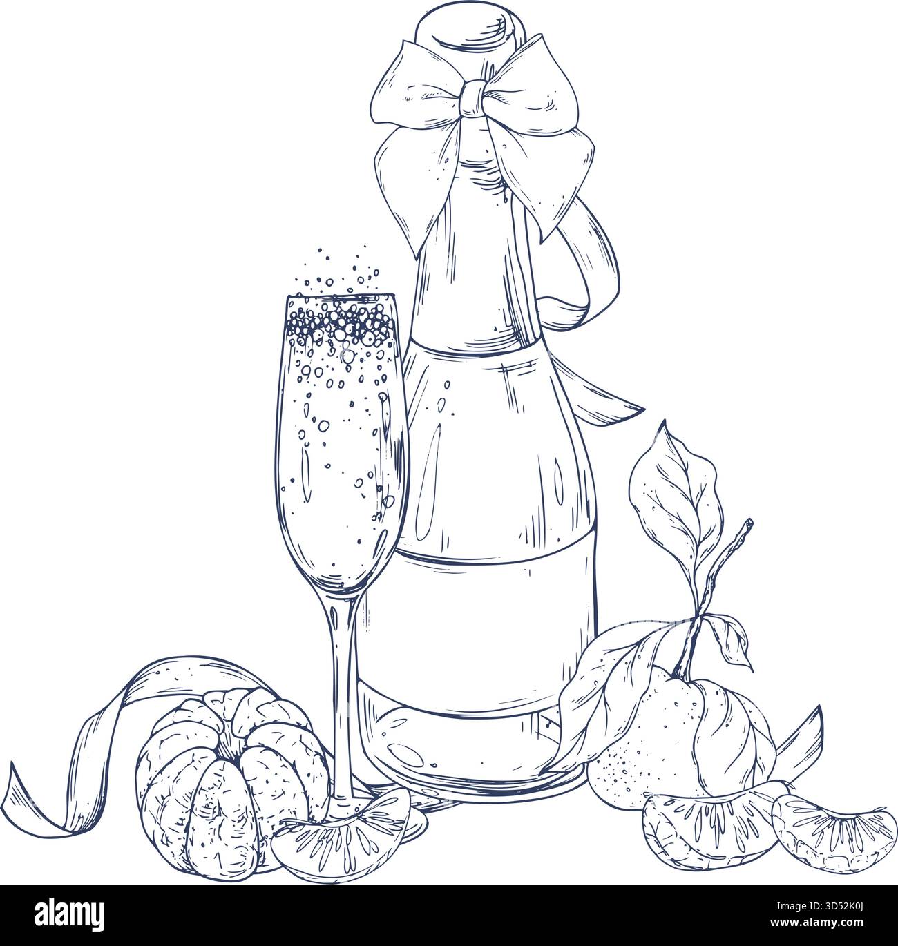 Una composizione natalizia con una bottiglia e una ciotola di champagne, un fiocco, nastri e mandarini. Un'illustrazione grafica monocromatica disegnata a mano Illustrazione Vettoriale