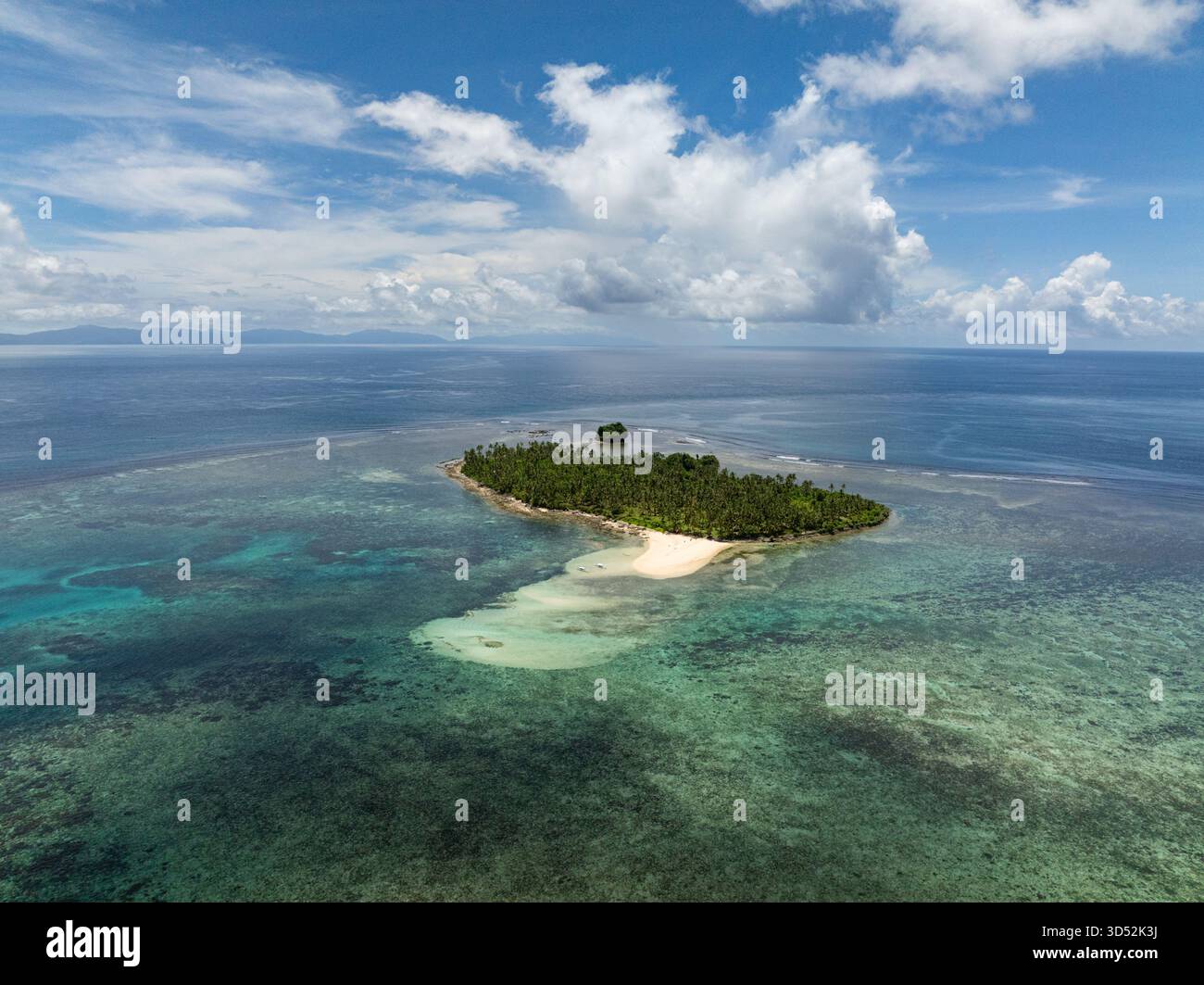 Una piccola isola tropicale coperta da palme e' circondata da acque turchesi e barriera corallina con una spiaggia di sabbia bianca. Siargao, Filippine. Isola di Kawhagan. Foto Stock