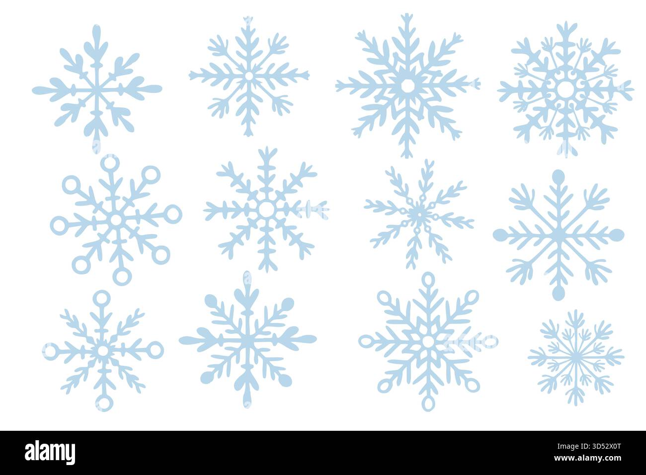 Un set invernale di fiocchi di neve di varie dimensioni e forme. Vari cristalli di ghiaccio. Illustrazione piatta disegnata a mano. Illustrazione Vettoriale
