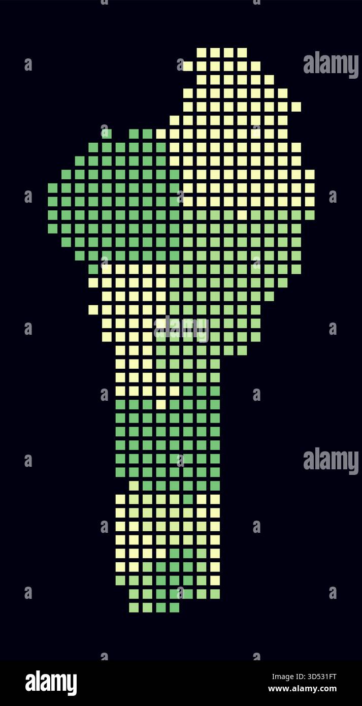 Mappa punteggiata del Benin. Mappa digitale del paese su sfondo scuro. Forma Benin con punti quadrati. Stile puntini colorati. Quadrati di grandi dimensioni. Illustrazione Vettoriale