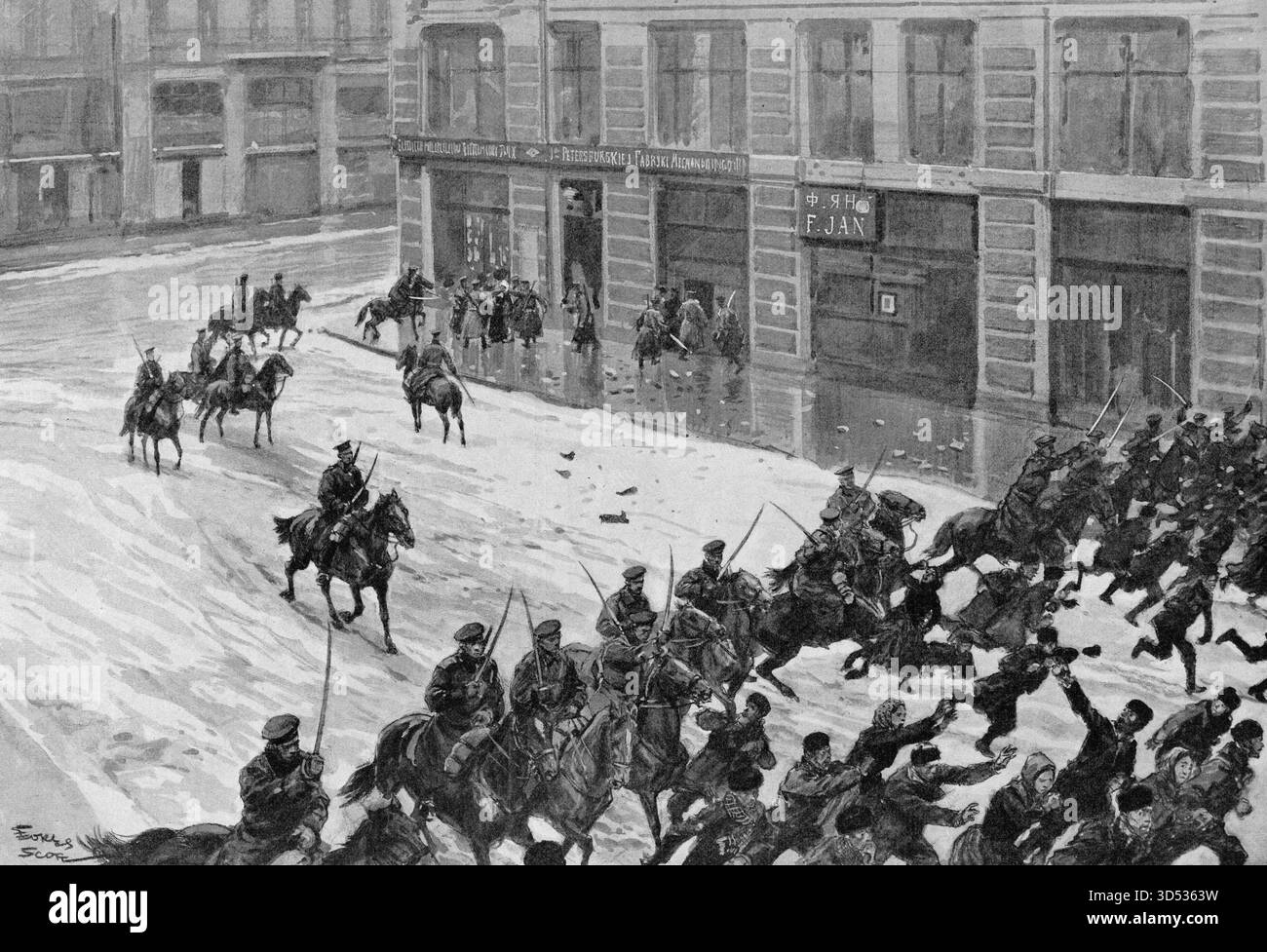 Disordini nella Polonia russa, saccheggiatori a Varsavia - Una pattuglia di ussari disperde gli scioperanti che stavano saccheggiando il negozio di scarpe della società per azioni di San Pietroburgo, gennaio 1905 Foto Stock