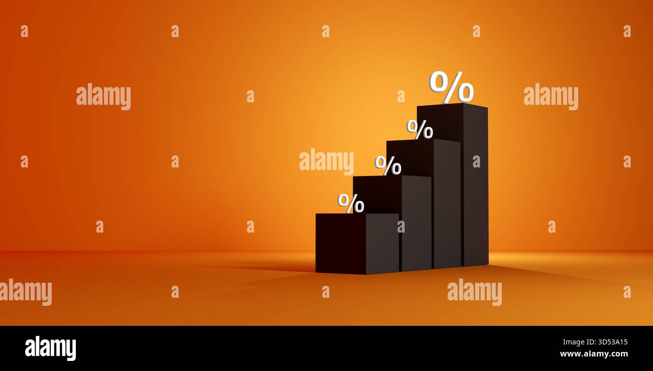 Barre nere 3D con simboli di percentuale che formano un grafico di crescita crescente su sfondo arancione, che rappresenta analisi aziendali, aumento finanziario, statista Foto Stock