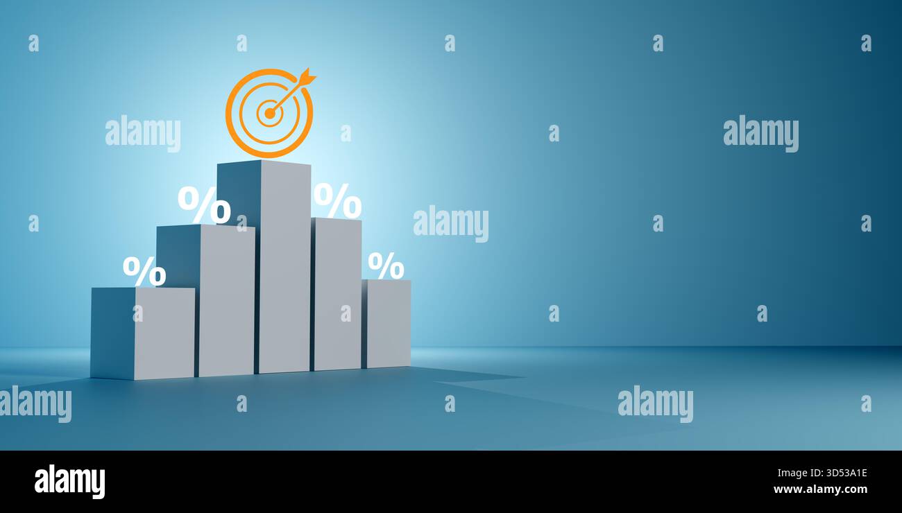 Grafico a barre 3D con simboli di percentuale che indicano un'icona di destinazione in alto, che simboleggia il raggiungimento degli obiettivi aziendali, la crescita finanziaria, il successo e le prestazioni dei KPI Foto Stock