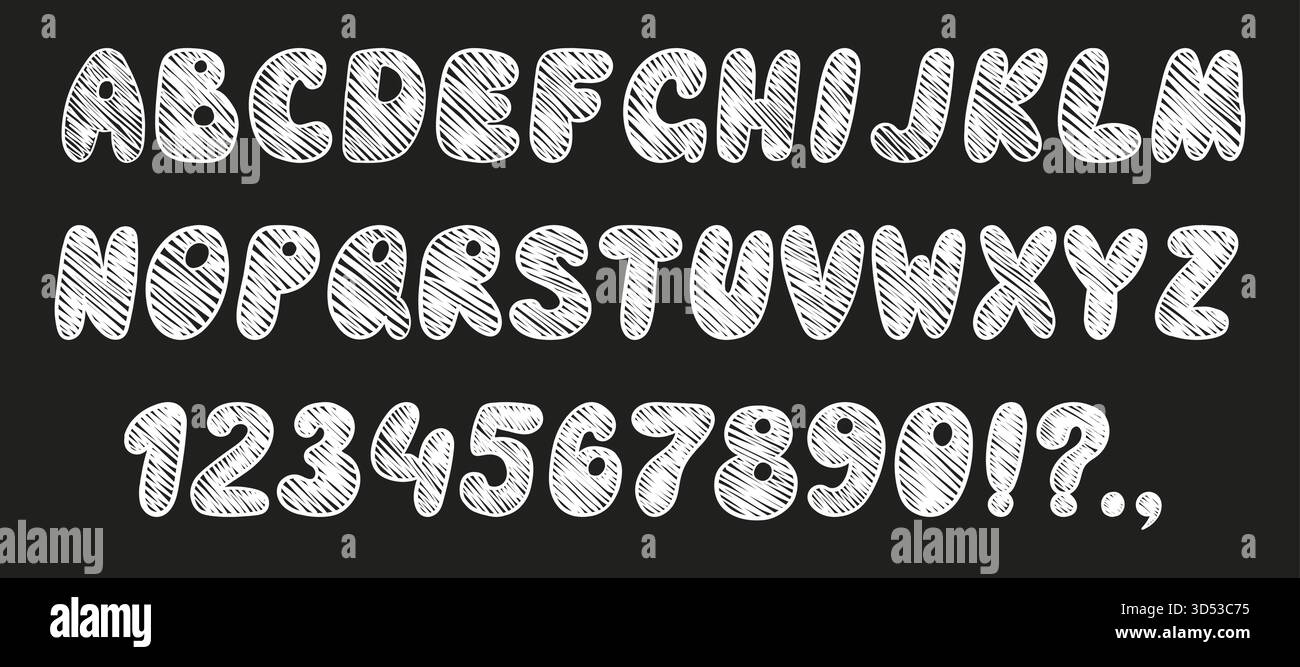 Crayon Kids font, doodle divertente e giocoso alfabeto. Numeri di tipografia disegnati a mano da scribble Kid. Pastello di cera scolastica abc simpatica calligrafia dell'asilo Illustrazione Vettoriale