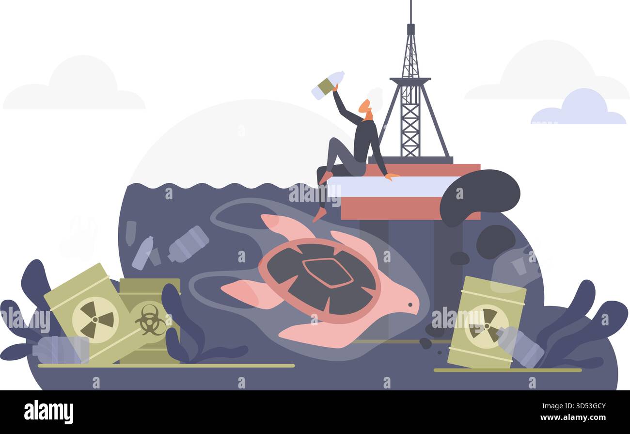 Danni ambientali causati da fuoriuscite di petrolio, rifiuti tossici e inquinamento da plastica che minacciano la vita marina e gli ecosistemi, evidenziando la necessità urgente di un'illustrazione vettoriale per la conservazione degli oceani Illustrazione Vettoriale
