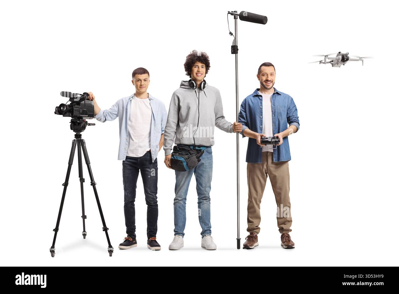 Dipendenti del reparto di telecamere con drone e apparecchiature isolate su sfondo bianco Foto Stock