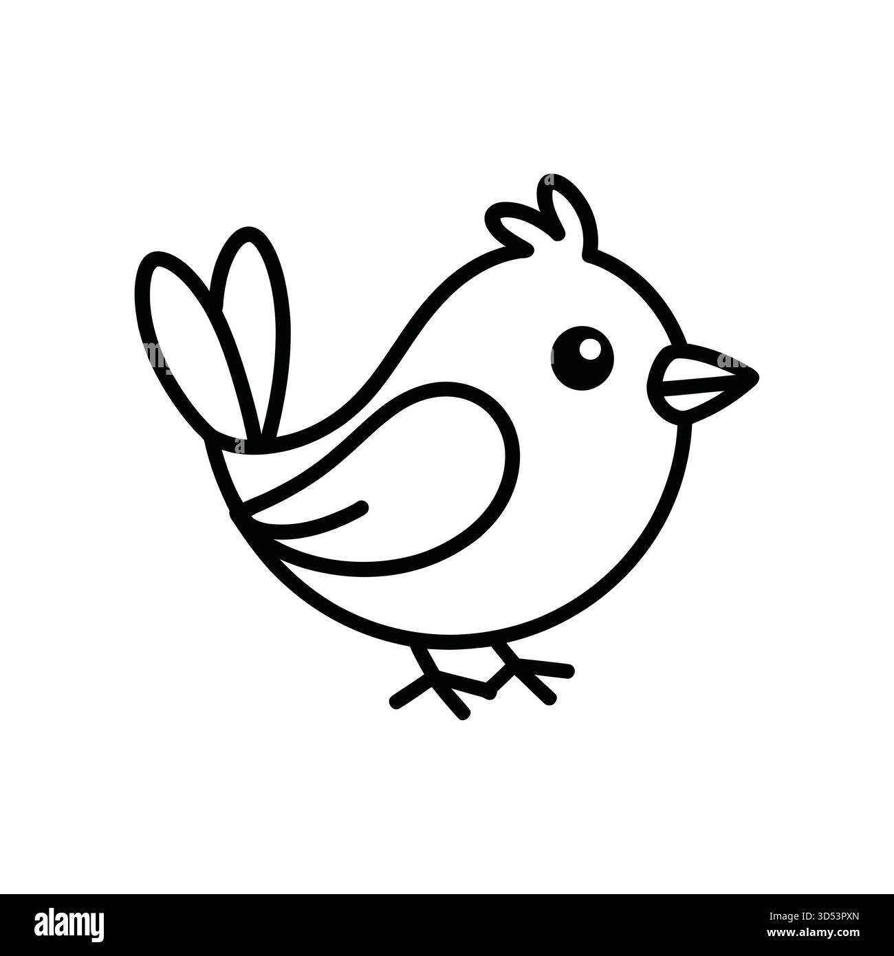 Un disegno minimalista in bianco e nero di un piccolo uccello cartoni animati rotondo con un'espressione allegra e una coda soffice. Illustrazione Vettoriale