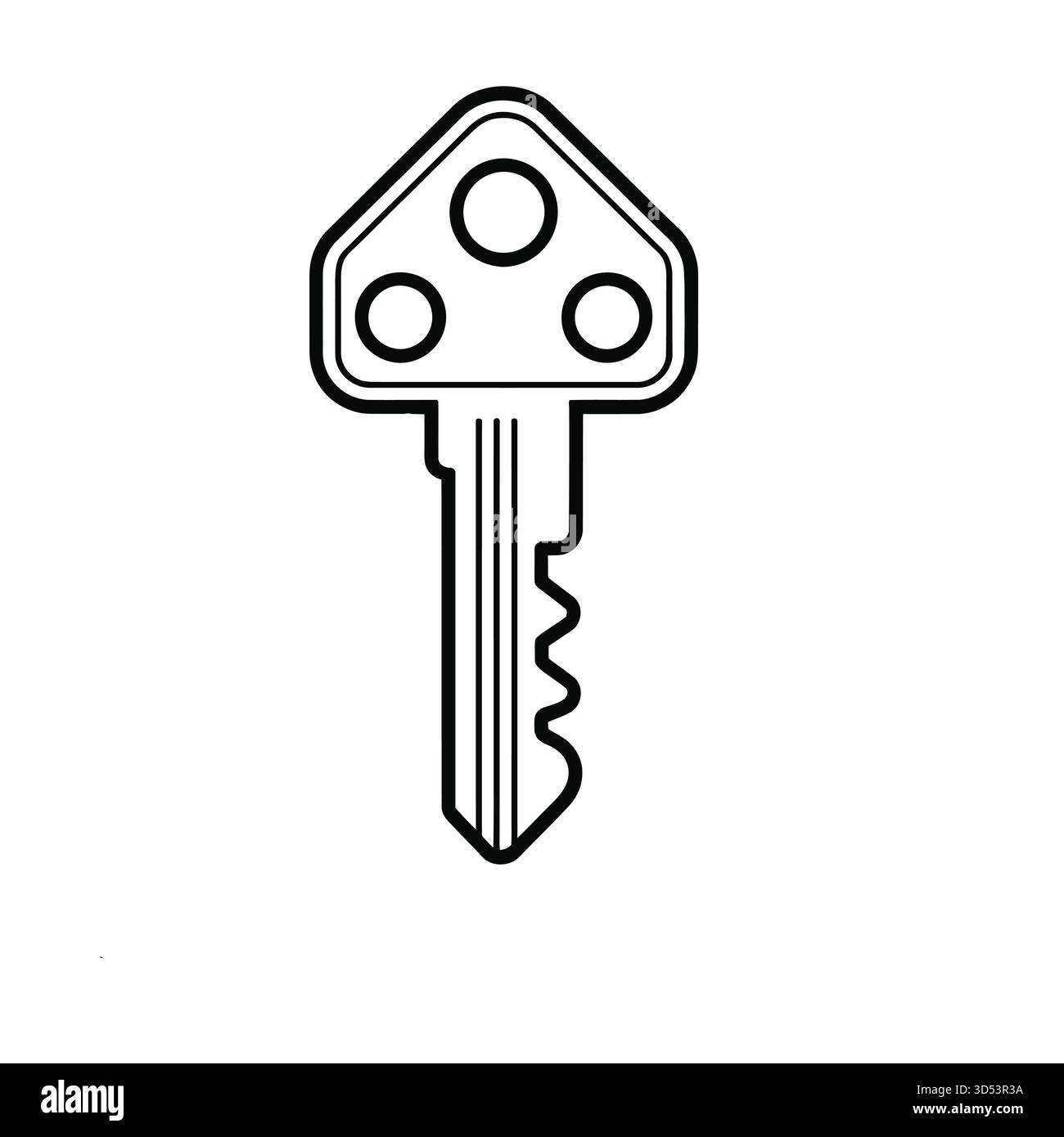 Un semplice disegno in bianco e nero di una chiave moderna. La testa è triangolare con tre fori circolari. La punta ha un esclusivo motivo seghettato. Illustrazione Vettoriale