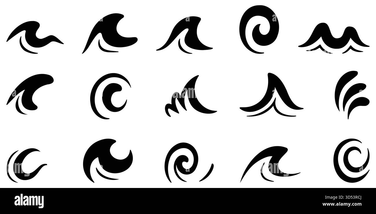 collezione wave swirl, icone astratte vettoriali oceaniche, forme di flusso dell'acqua marina, design di illustrazione fluido bianco e nero Illustrazione Vettoriale
