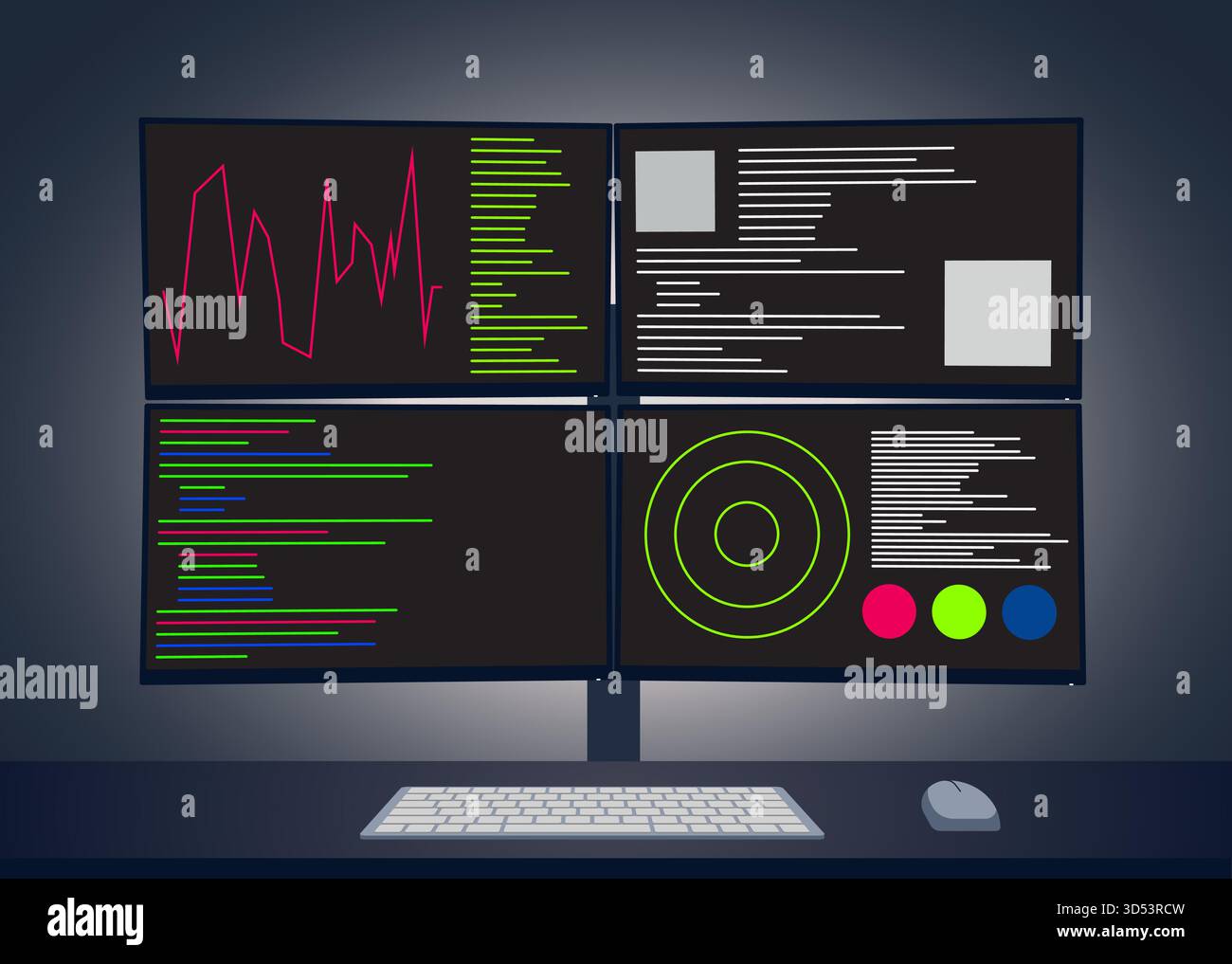 Illustrazione vettoriale di una workstation multimonitor che mostra codice, grafici, dati di sistema ed elementi di interfaccia su quattro schermi. Configurazione dell'area di lavoro scura con tastiera e mouse Illustrazione Vettoriale
