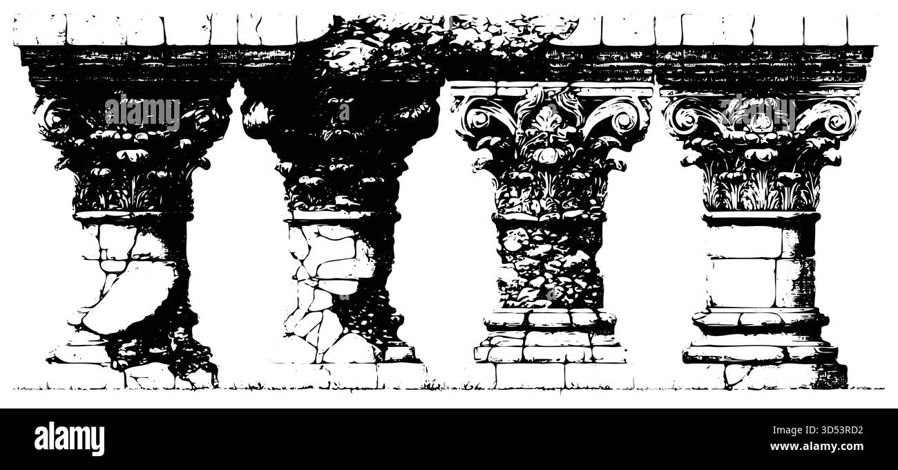rovine di colonne d'epoca, pilastri architettonici antichi, illustrazione della struttura in pietra greca romana, antico vettore di design del tempio Illustrazione Vettoriale