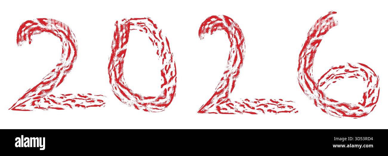 testo rosso scarabocchiato 2026, vettore tipografico moderno, design creativo per l'anno nuovo, contorno di lettere natalizie bianco e nero Illustrazione Vettoriale