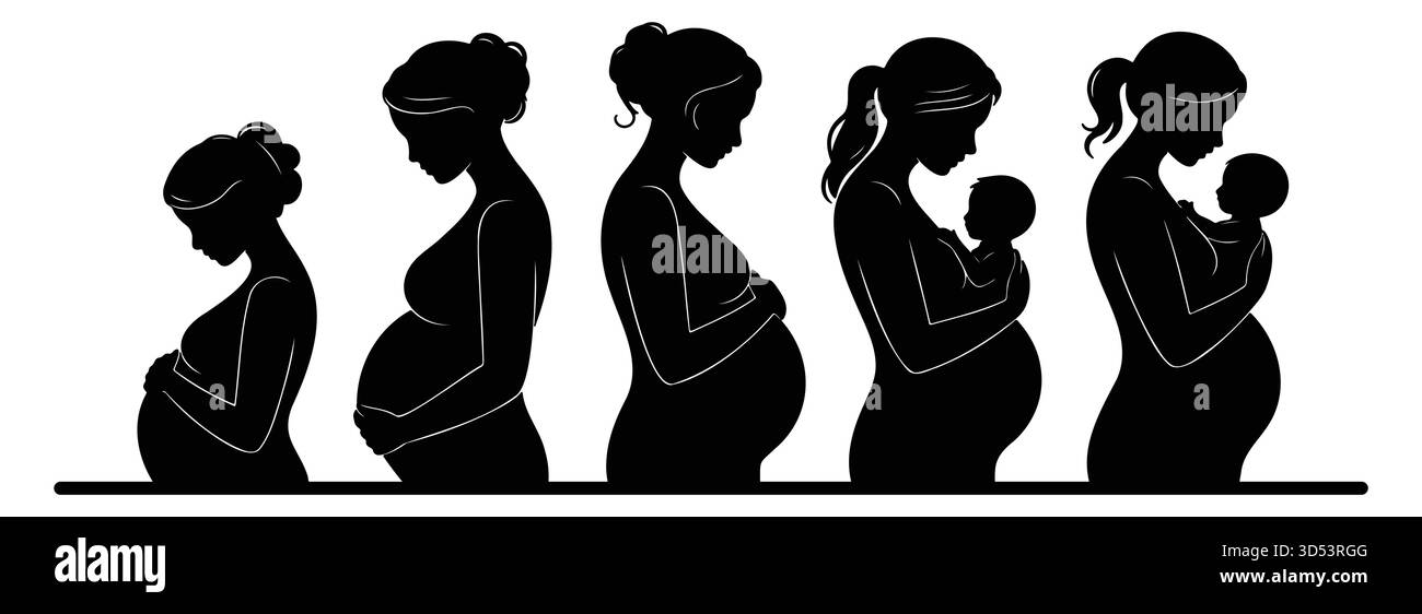 silhouette di donne incinte, illustrazione di palchi materni, vettoriale per neonati, design per maternità bianco e nero Illustrazione Vettoriale