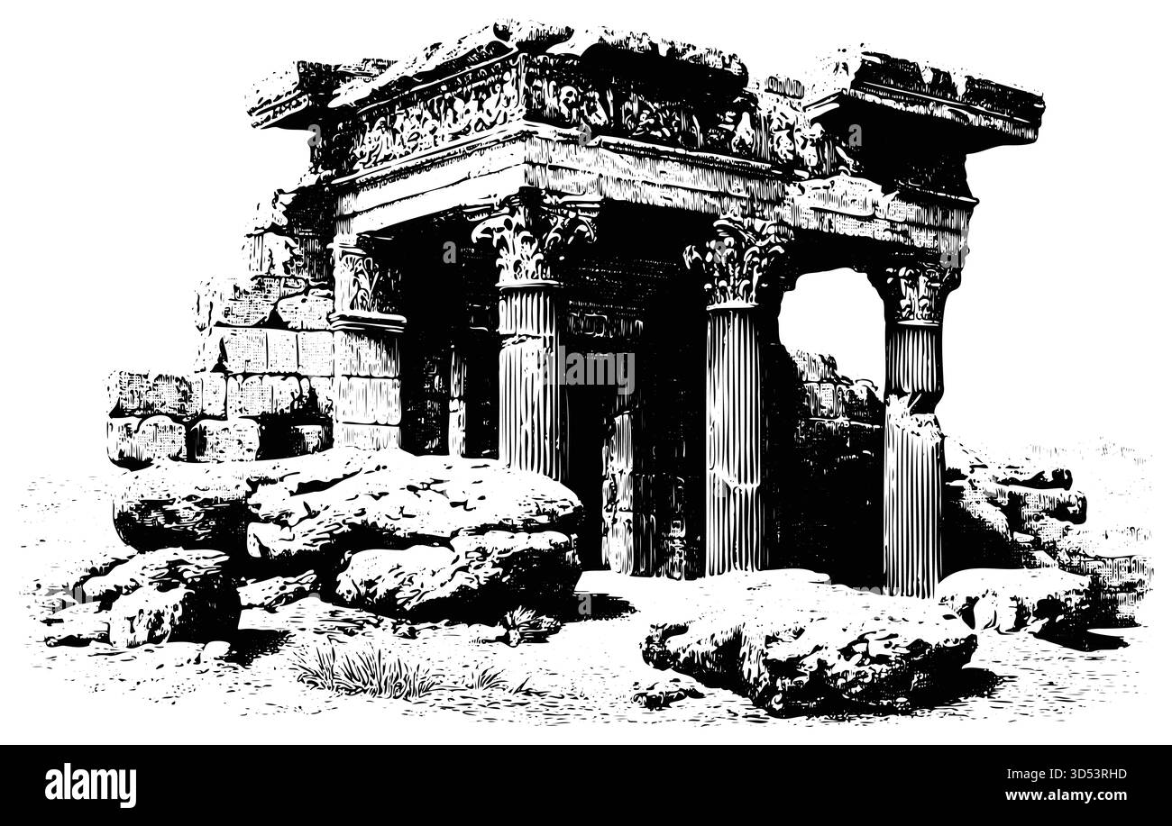 Illustrazione di antiche rovine in pietra, schizzo storico del tempio, disegno architettonico bianco e nero Illustrazione Vettoriale