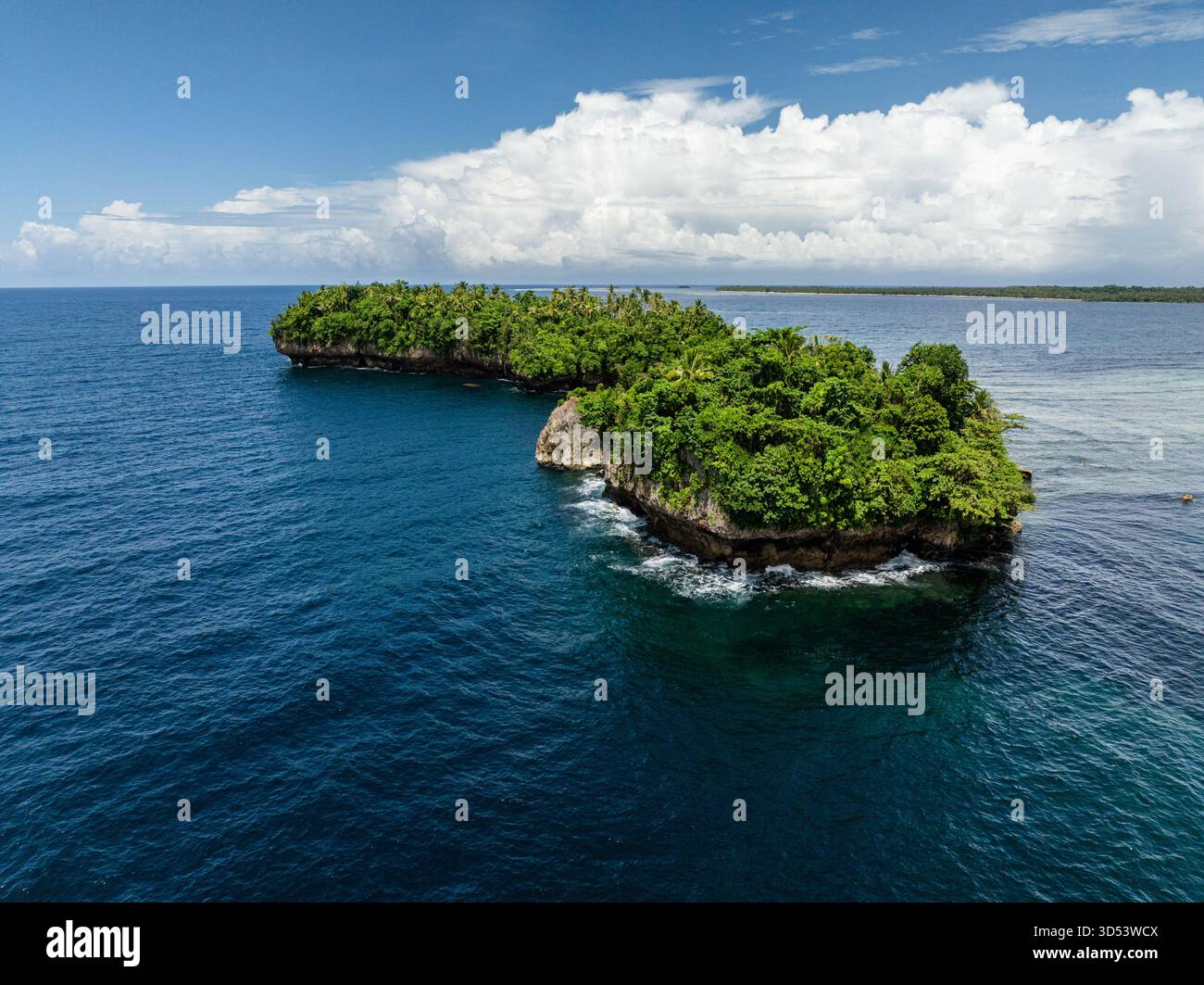 Scoscesi isolotti rocciosi ricoperti di foresta verde che si innalza dalle acque blu dell'oceano. Siargao, Filippine. Foto Stock