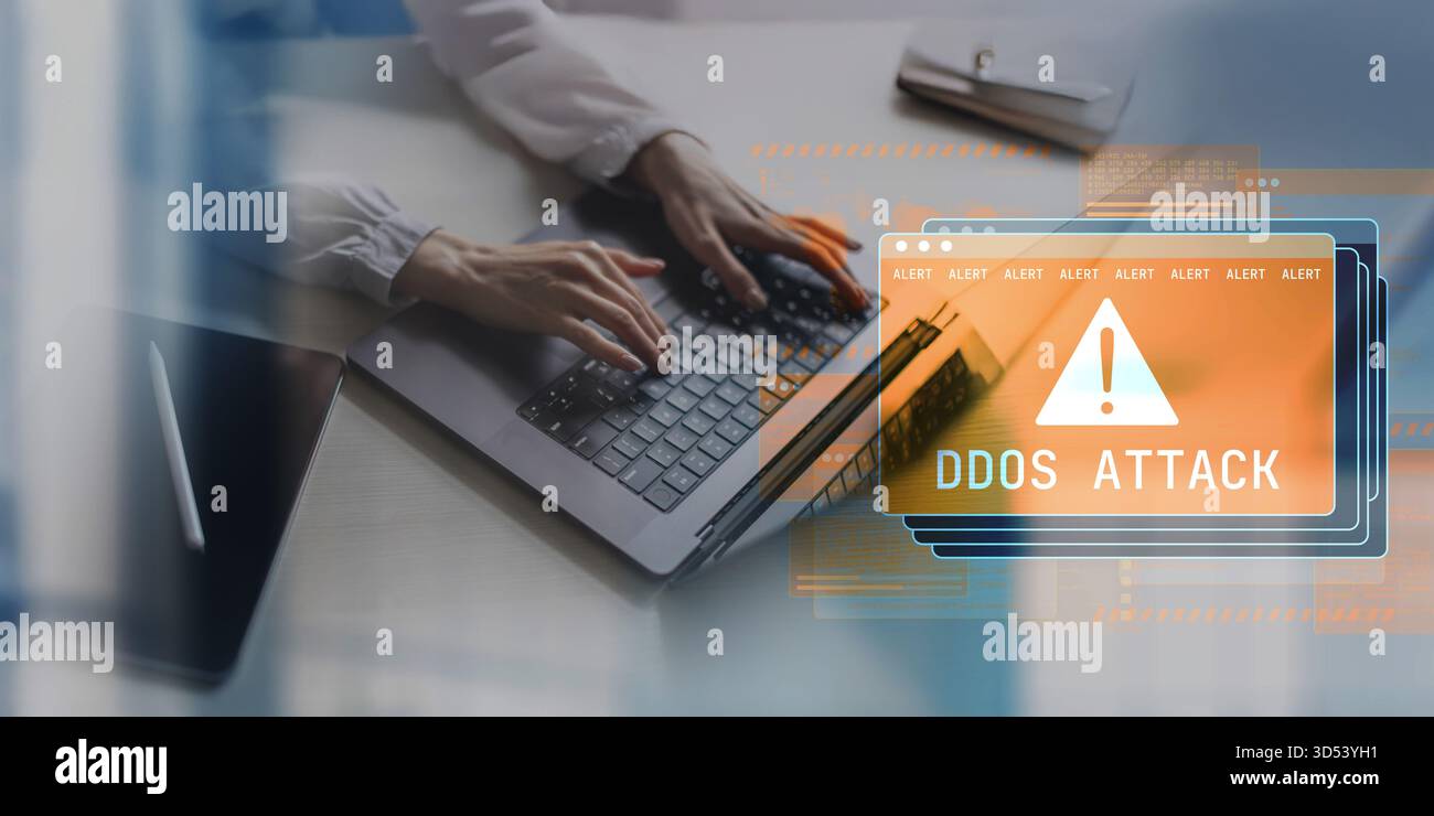 Minacce alla sicurezza informatica e prevenzione degli attacchi DDoS nelle reti aziendali. Foto Stock