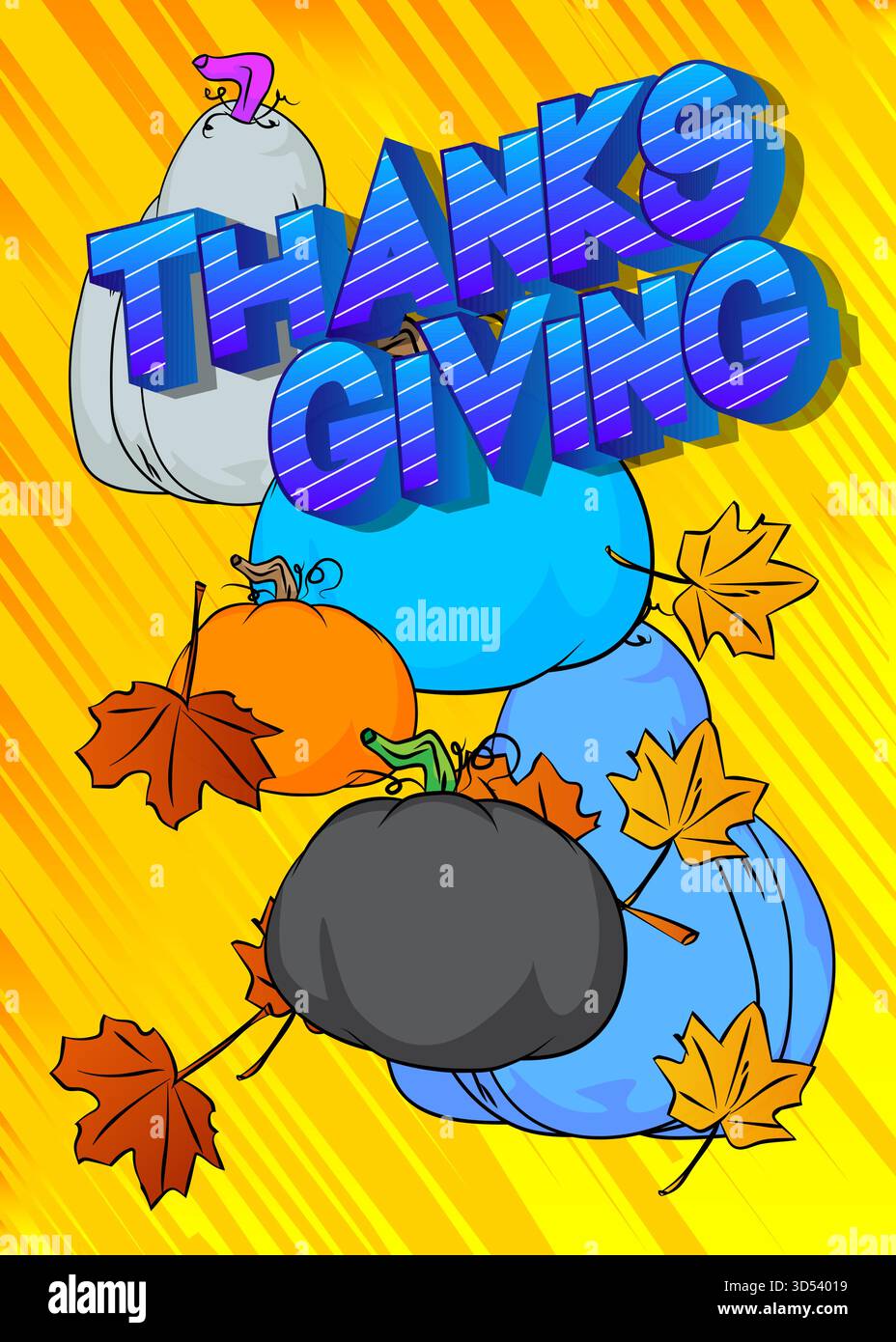 Parola del Ringraziamento con zucca e foglie autunnali. Pop art vibrante testo natalizio in stile fumetto. Design per la celebrazione dei cartoni animati. Illustrazione Vettoriale