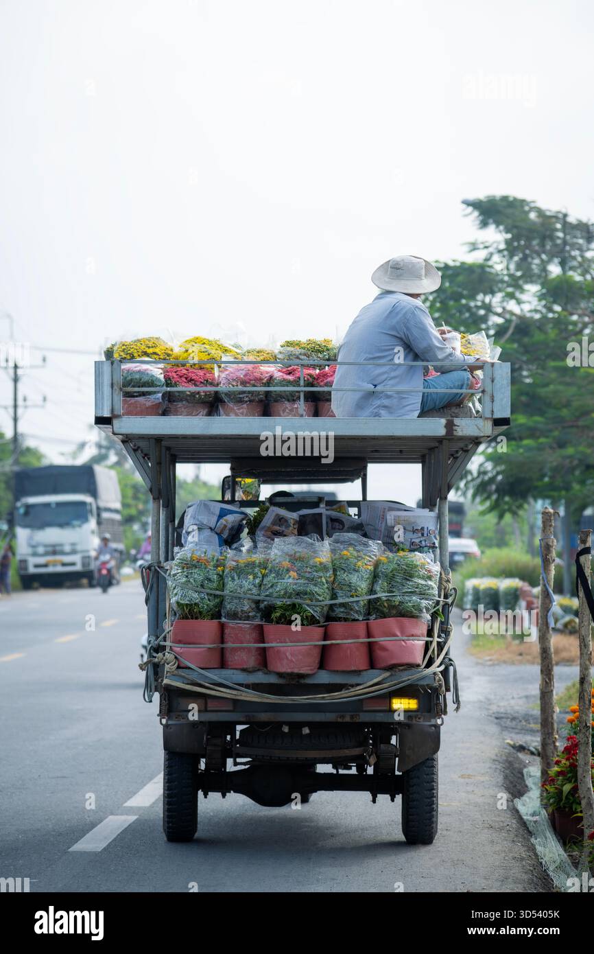 20 gennaio 2025: Una vista panoramica del villaggio di fiori Thanh Tri, provincia di Tien Giang, Vietnam, durante la stagione di picco della fioritura in preparazione del Foto Stock