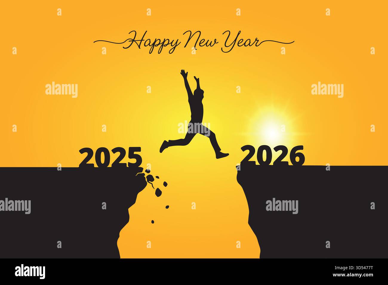 La silhouette di una persona allegra che salta dall'anno 2025 al 2026 su un abisso, significando speranza, progresso e un nuovo inizio Illustrazione Vettoriale