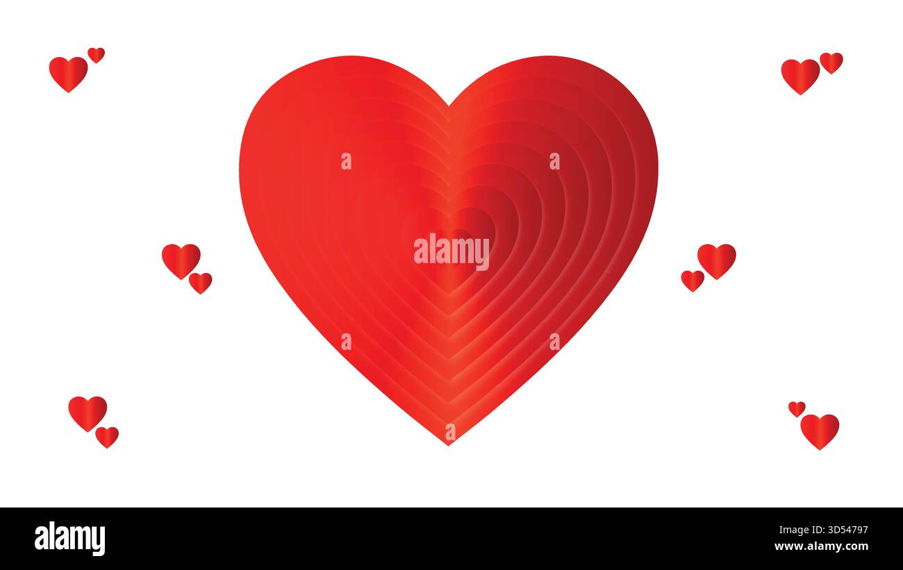 Uno sfondo pulito e minimalista caratterizzato da un grande cuore rosso centrale con un effetto a strati 3D, circondato da cuori più piccoli Illustrazione Vettoriale