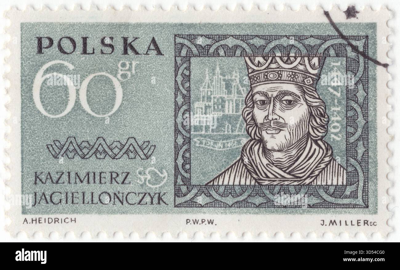 POLONIA — 1961 giugno 15: 60 francobollo di ardesia di grosz raffigurante famosi polacchi: Casimir Jagiello. Casimiro Andrea Jagellone fu granduca di Lituania dal 1440 e divenne re di Polonia nel 1447, mantenendo entrambi i titoli fino alla sua morte. Fu uno dei governanti polacco-lituani più attivi; sotto di lui la Polonia sconfisse i Cavalieri Teutonici nella Guerra dei tredici anni e recuperò la Pomerania. La dinastia Jagellonica divenne una delle principali case reali d'Europa. Il grande trionfo del suo regno fu quello di portare la Prussia sotto il dominio polacco Foto Stock
