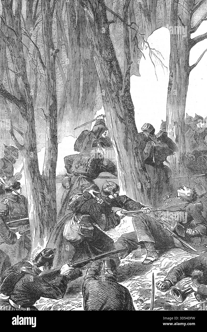Una schermaglia nel bosco prima di Metz durante la guerra franco-prussiana. Foto Stock