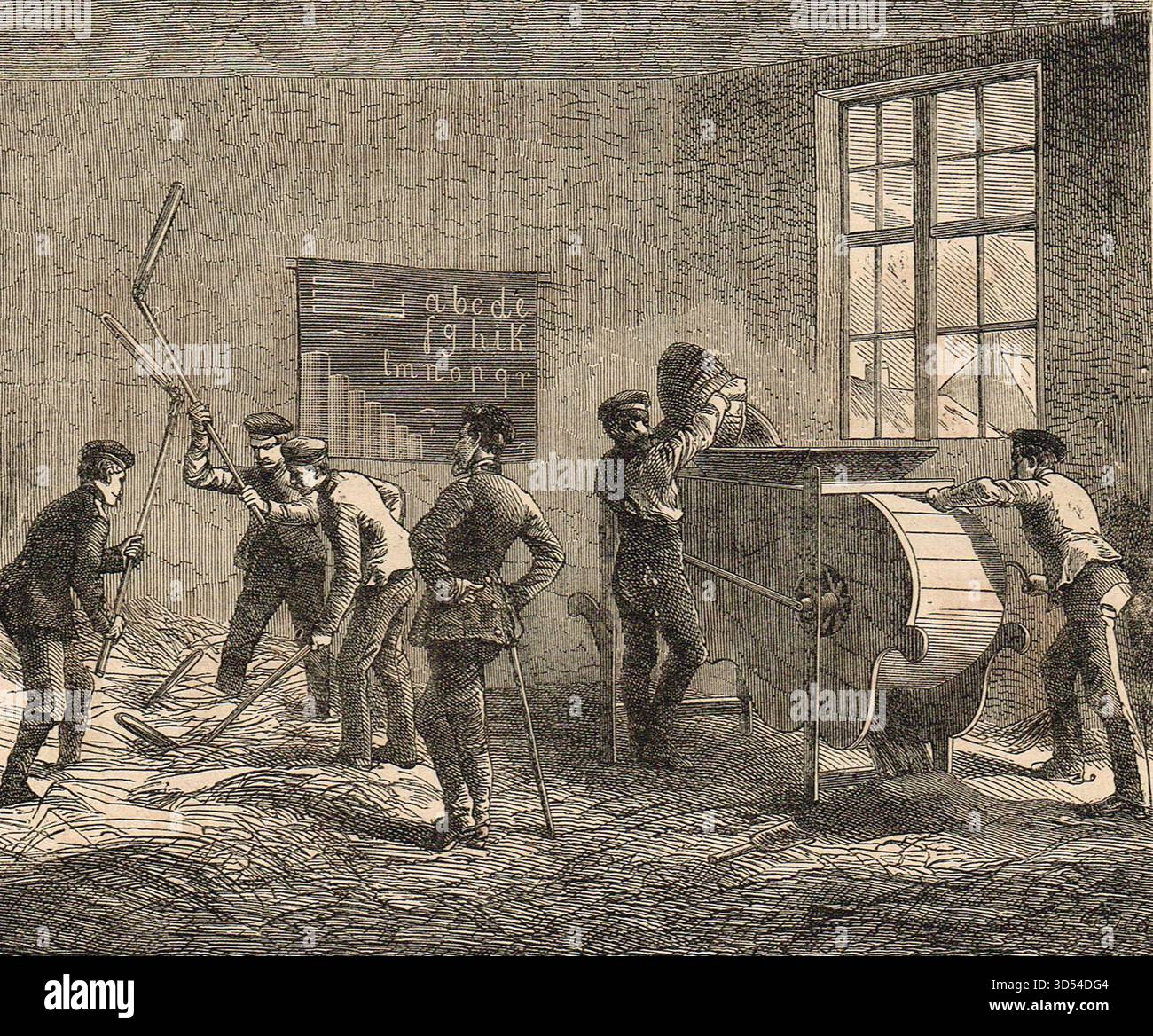 I prussiani trebbiano mais in una scuola francese durante la guerra franco-prussiana. Foto Stock