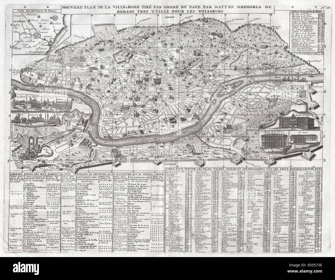 Illustrazione storica opera d'arte di una mappa antica di Roma del 1721 incisa da Henri Chatelain, che mostra la città murata, il fiume Tevere, le strade principali, l'area del Vaticano e importanti monumenti raffigurati di profilo. Intorno al 1721 Foto Stock