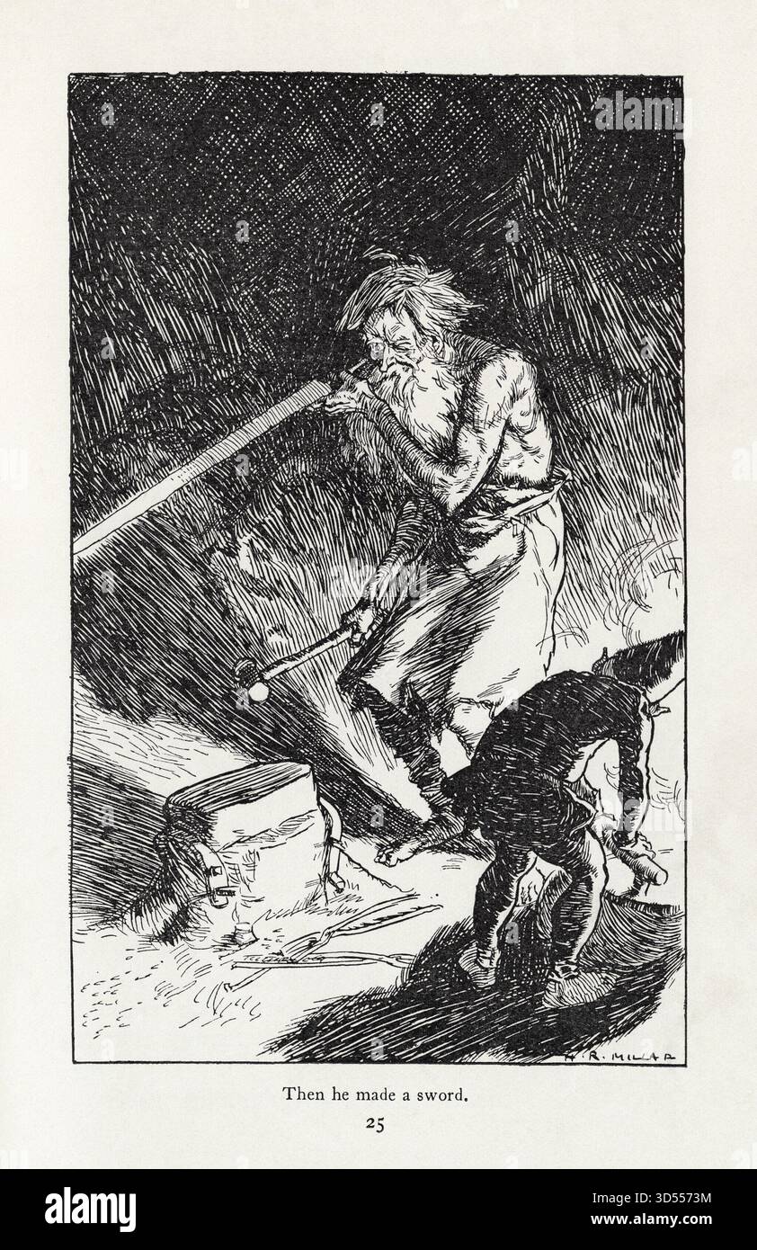 Illustrazioni storiche di H. R. Millar che mostrano Weyland the Smith forgiare una spada con un bambino che guarda, dal Puck of Pook's Hill di Rudyard Kipling, capitolo “Weyland’s Sword”, pubblicato nel 1906 Foto Stock