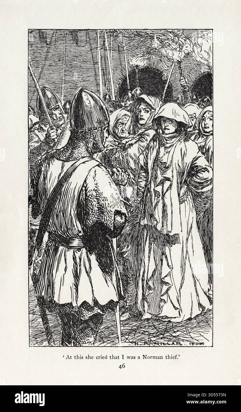 Illustrazioni storiche di H. R. Millar che mostrano un confronto tra un soldato normanno e una folla ripugnante, dal Puck of Pook's Hill di Rudyard Kipling, capitolo "Young Men at the Manor", pubblicato nel 1906 Foto Stock