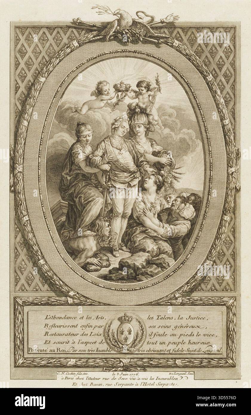 Illustrazione storica intitolata Abundance and the Arts di Joseph de Longueil, 1776, raffigurante figure allegoriche che circondano una figura nobile centrale con cherubini che lo incoronano in una composizione francese classica Foto Stock