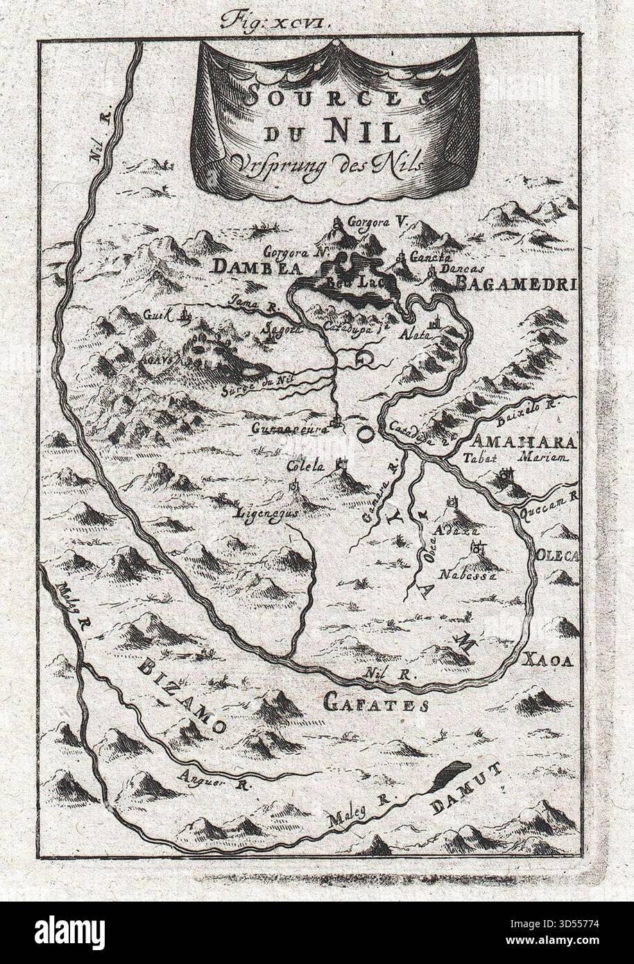 Illustrazione storica di una mappa del 1719 che raffigura la sorgente del Nilo nella regione di Gojjam in Etiopia, mostrando il lago Tana e i distretti circostanti come disegnato da Alain Manesson Mallet. Intorno al 1719 Foto Stock