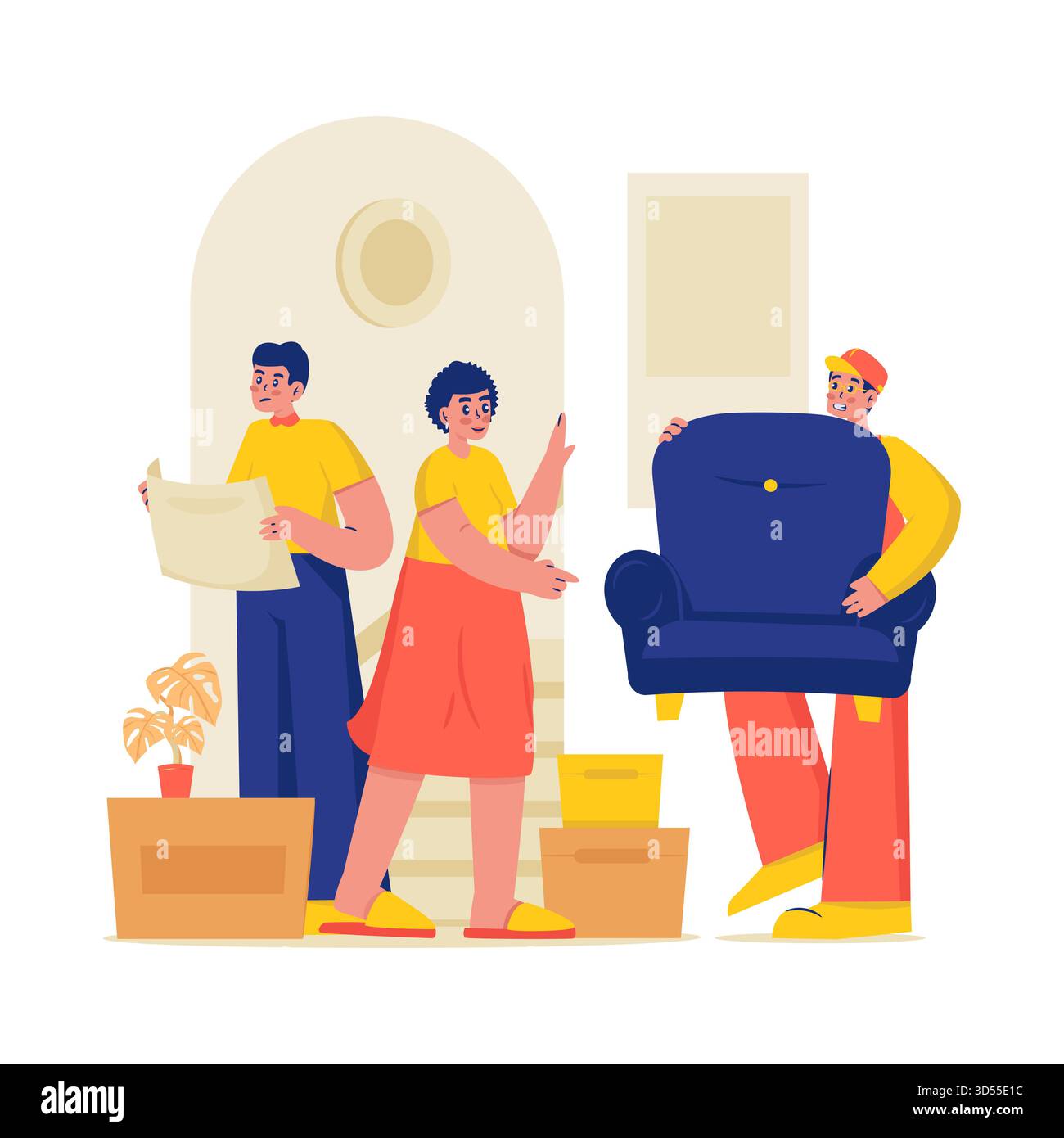 Famiglia che organizza mobili in nuova casa dopo aver spostato l'illustrazione vettoriale Illustrazione Vettoriale