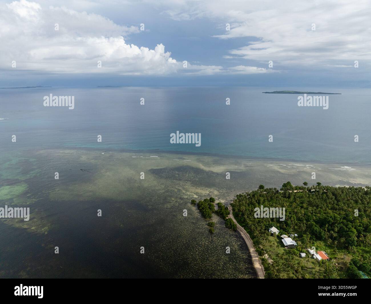Vista aerea dell'isola tropicale con spiaggia di sabbia circondata da barriere coralline. Siargao, Filippine. Foto Stock
