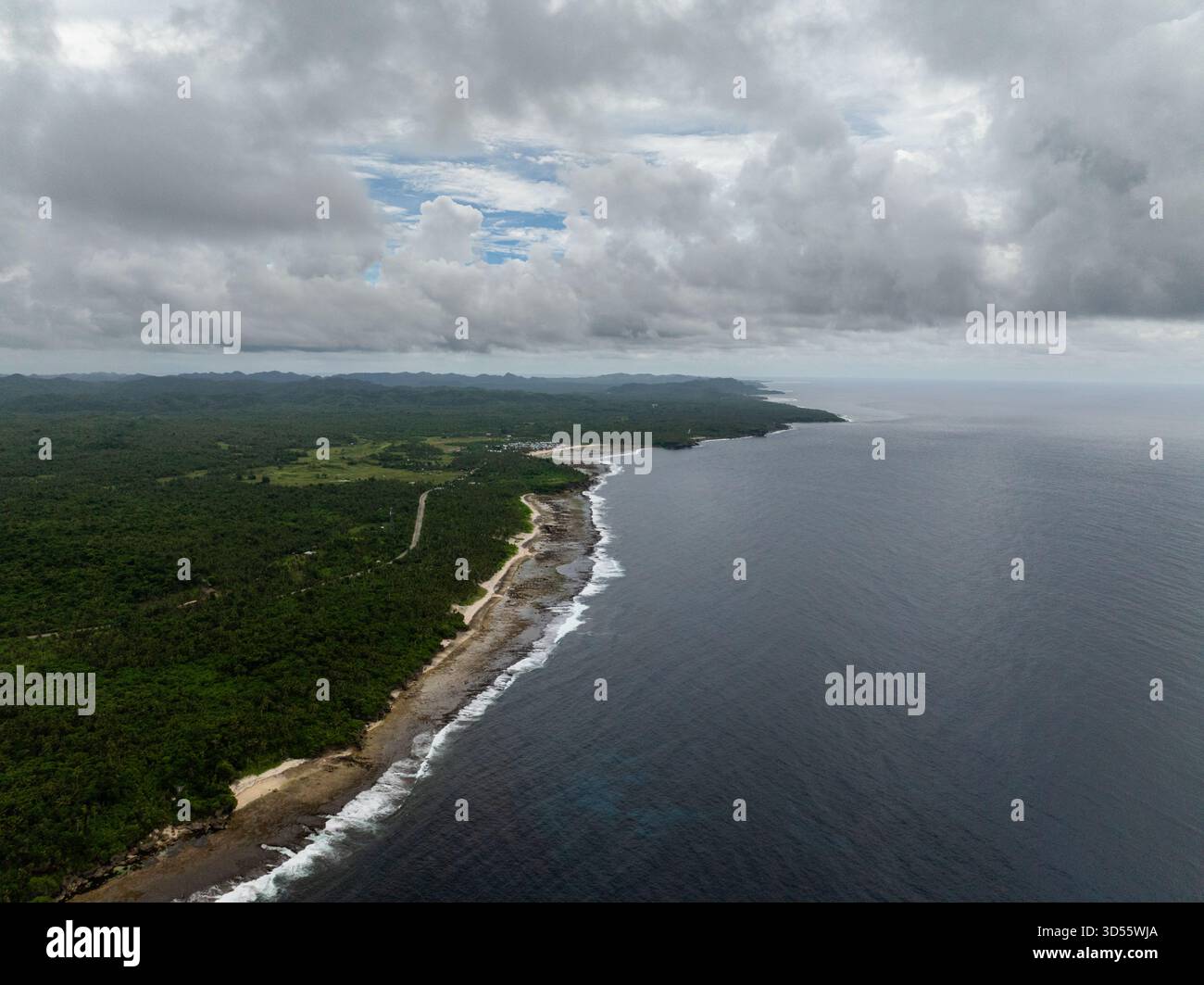 Vista aerea dell'ampia costa con le onde oceaniche della foresta. Siargao, Filippine. Foto Stock
