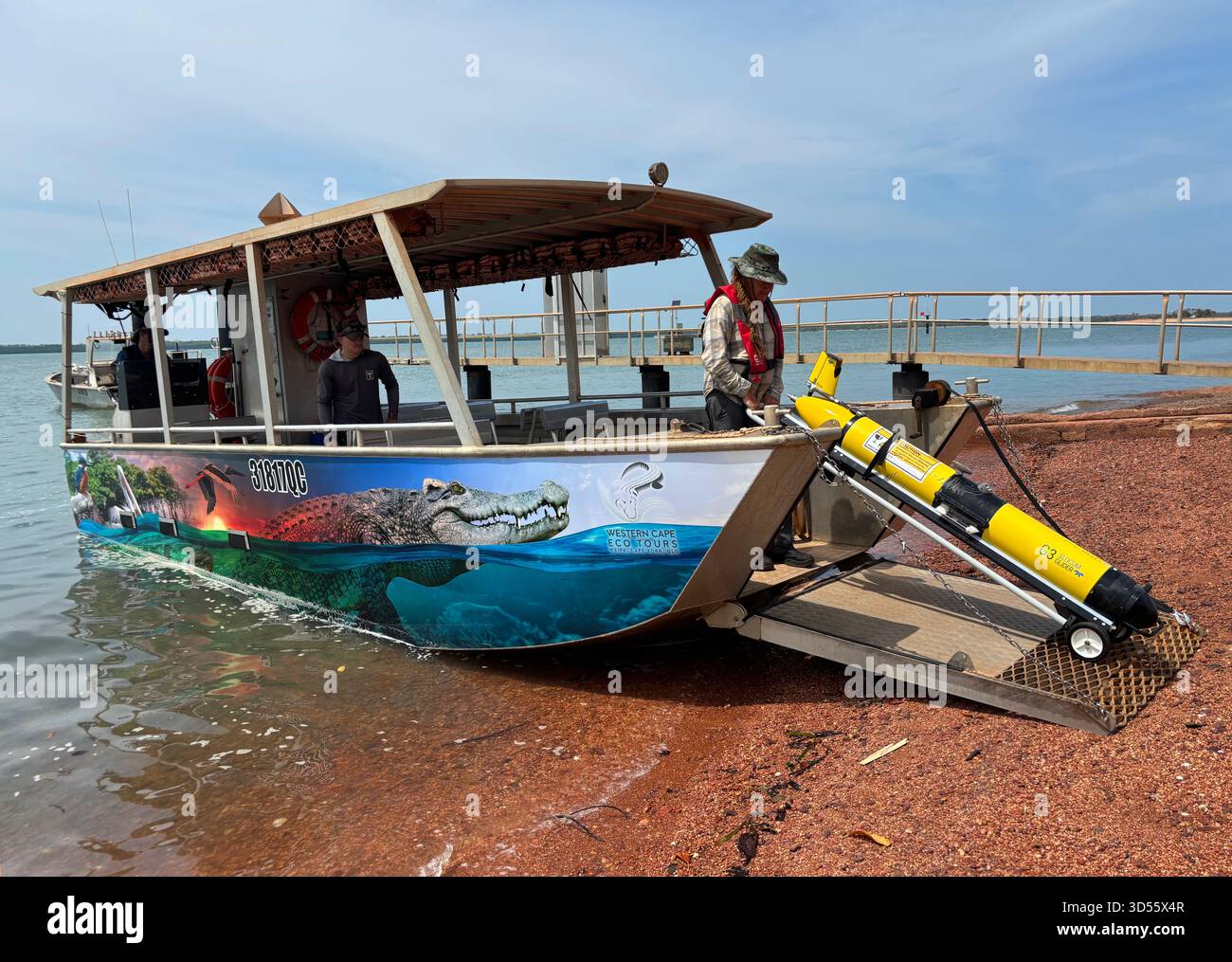 Aliante oceanico Slocum scaricato dalla barca Western Cape Eco Tours al porto di Weipa, Penisola di Cape York, Queensland, Australia. No MR o PR Foto Stock