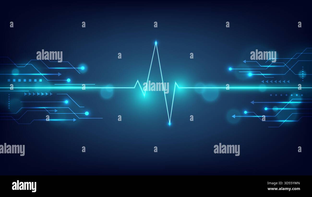 sfondo digitale blu scuro con linea luminosa e circuito al neon che rappresenta l'innovazione tecnologica e la connettività del settore sanitario Illustrazione Vettoriale