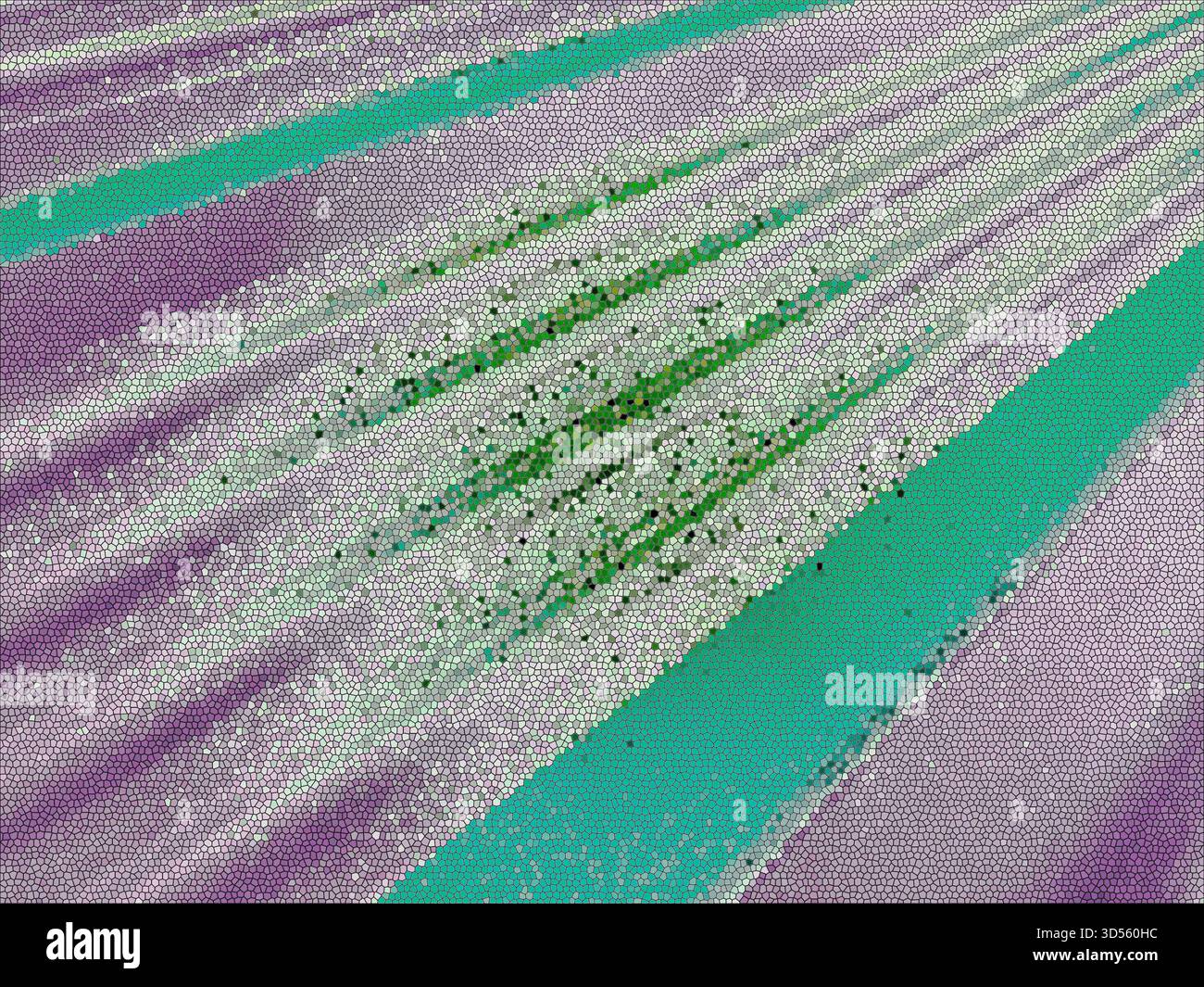 Le strisce diagonali con dimensioni e profondità si spostano diagonalmente. L'effetto 3D con texture si manifesta in verde e viola viola. Un effetto grintoso aggiunge grunge. Foto Stock