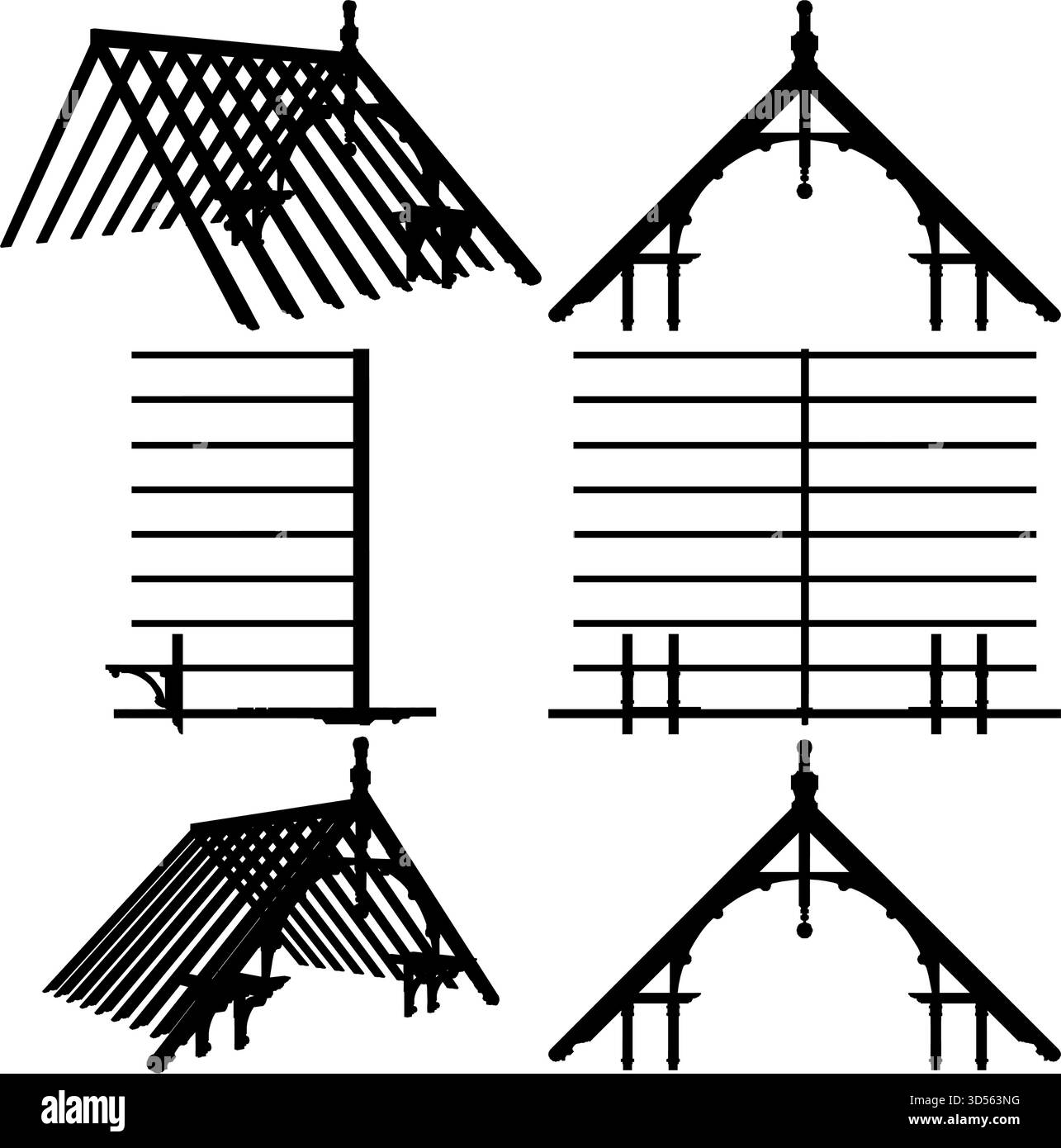 Decorazioni costruzione tetto Vector. Illustrazione delle tettoie antiche retrò Vintage House su sfondo bianco. Illustrazione Vettoriale