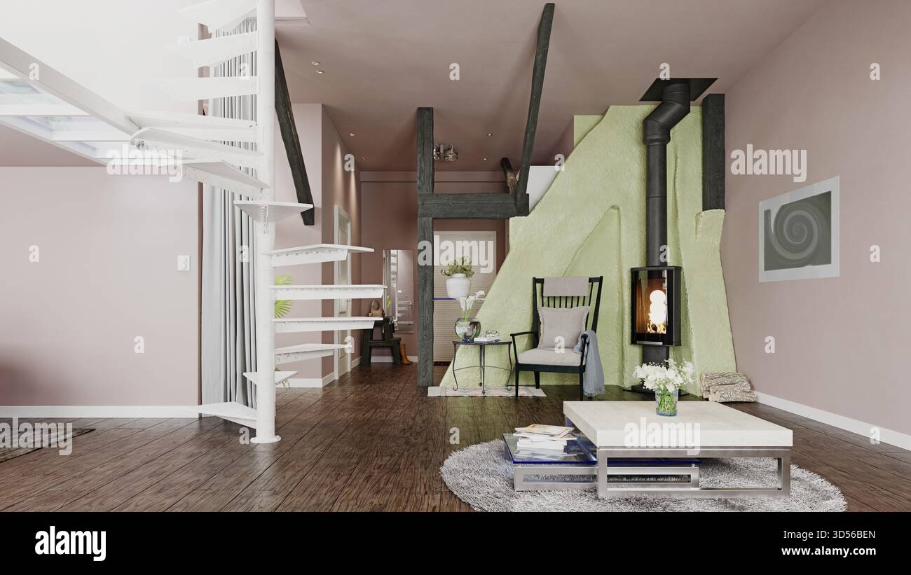 Una rappresentazione 3D di un moderno interno del soggiorno con una scala a spirale bianca, pavimenti in legno scuro e un caminetto contemporaneo con una parete d'accento verde Foto Stock