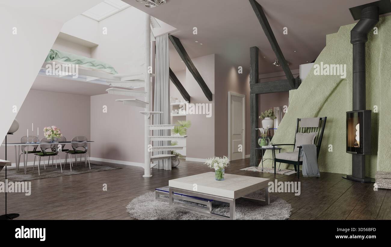 Una rappresentazione in 3D di un moderno appartamento open space con camera da letto mansardata accessibile da una scala a chiocciola bianca. Gli interni presentano pavimenti in legno scuro, ad es Foto Stock
