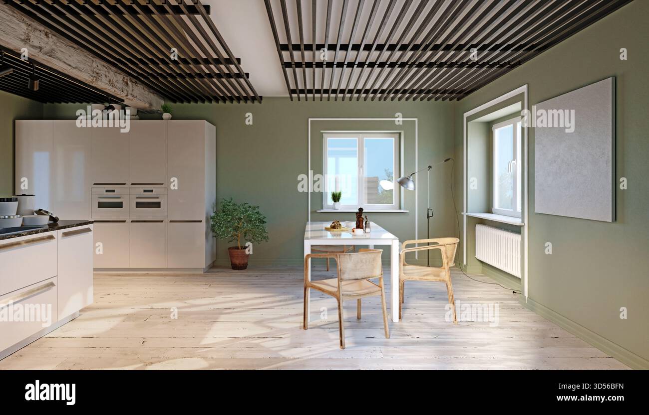 Un rendering 3D di una cucina moderna e di una zona pranzo con pareti verdi salvia e pavimenti in legno chiaro. La sala, illuminata dal sole, presenta un soffitto a doghe e una Foto Stock