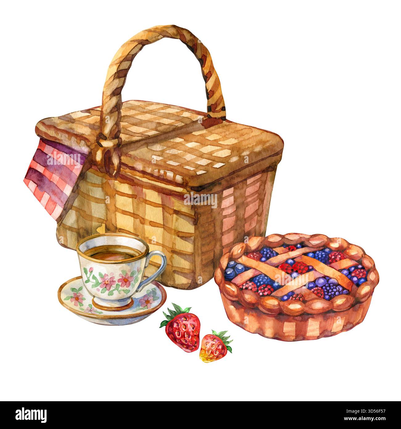Set da picnic con acquerello con cestino di vimini, torta di frutti di bosco, tazza da tè e fragole. Un'accogliente illustrazione del cibo estivo, perfetta per carte, menu e confezioni Foto Stock