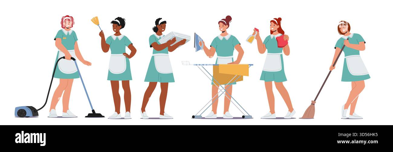 Servizio di pulizia, i caratteri femminili forniscono soluzioni di pulizia efficienti. Le donne dotate di utensili per la pulizia garantiscono Un ambiente impeccabile e organizzato. Illustrazione Vettoriale