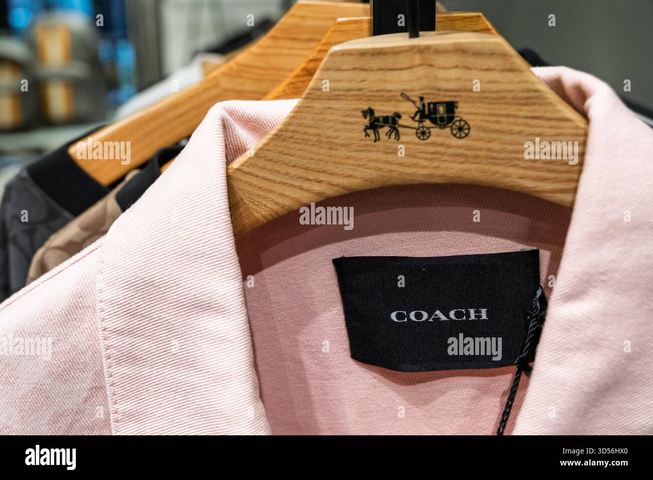 Penang, Malesia - 16 ottobre 2025: Su un appendiabiti in legno con l'iconica l del marchio, un morbido abito da donna rosa di Coach Foto Stock