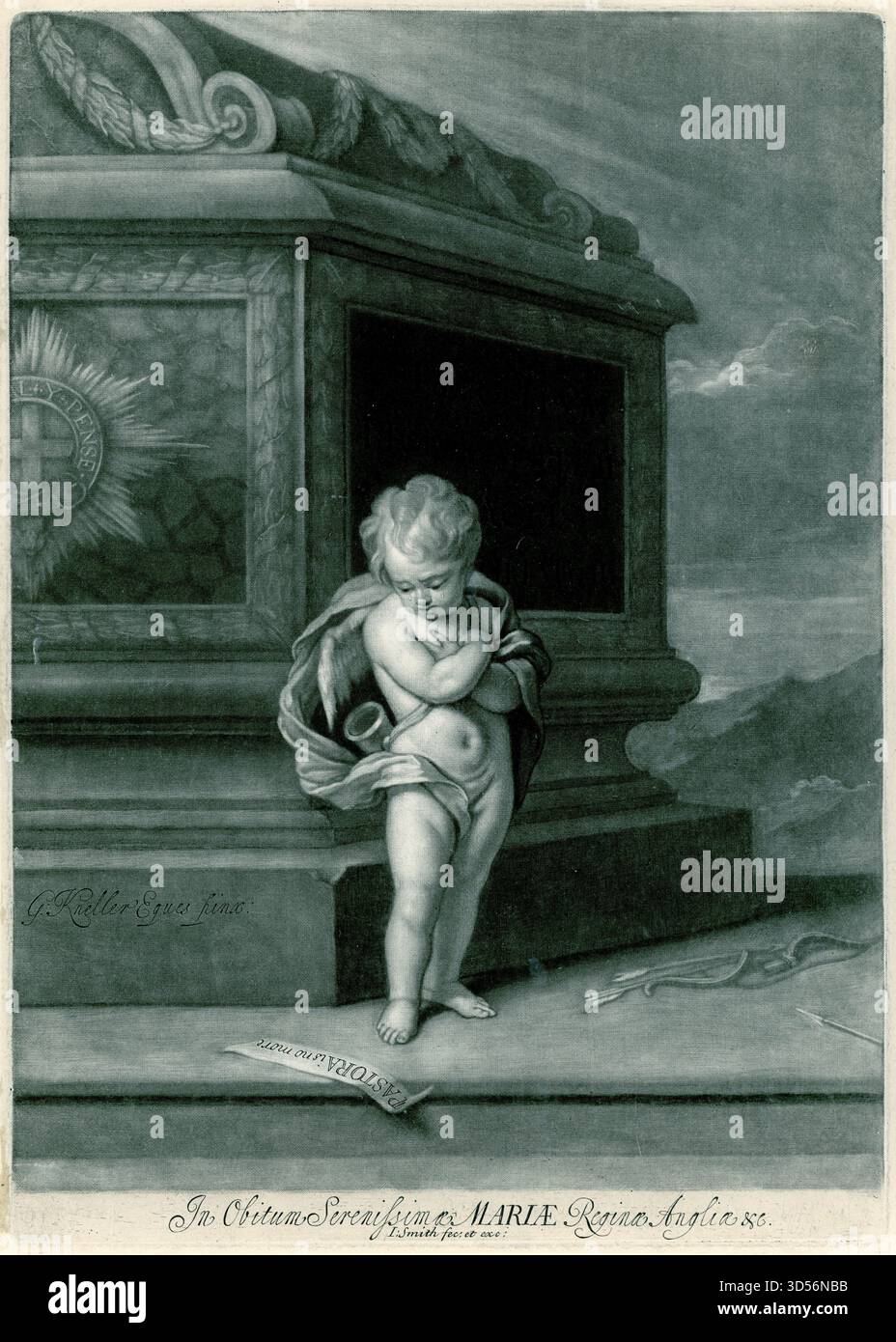 Cupido in lutto, un'opera allegorica raffigurante un dolente Cupido che piange l'amore perduto e frecce rotte nel simbolismo classico. Foto Stock