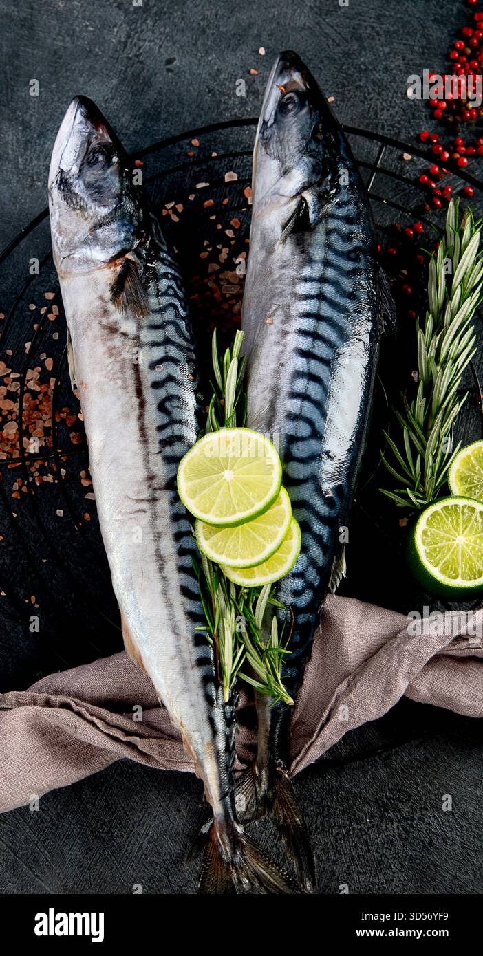 Sgombro fresco ed erbe aromatiche. Pesce fresco e specialità di pesce. Vista dall'alto. Foto Stock