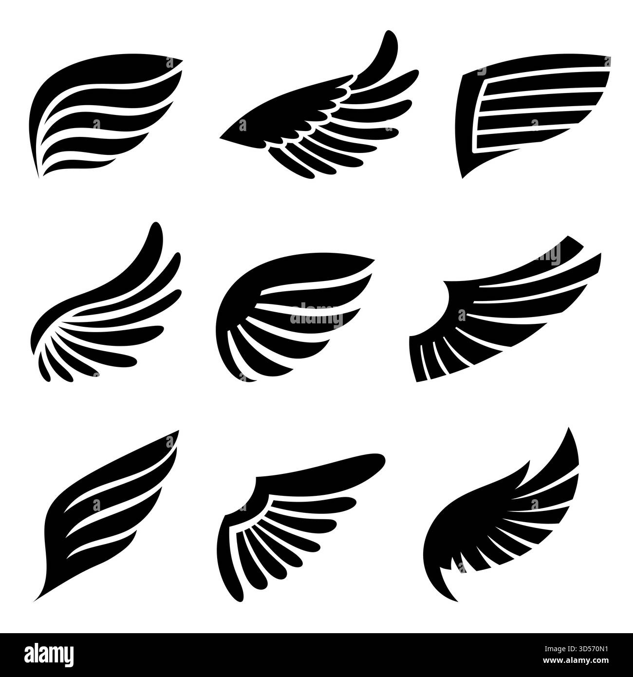 Straordinario set di icone Black Wings, perfette per aggiungere Un tocco di eleganza e mistica ai progetti di design. Silhou monocromatico versatile e accattivante Illustrazione Vettoriale