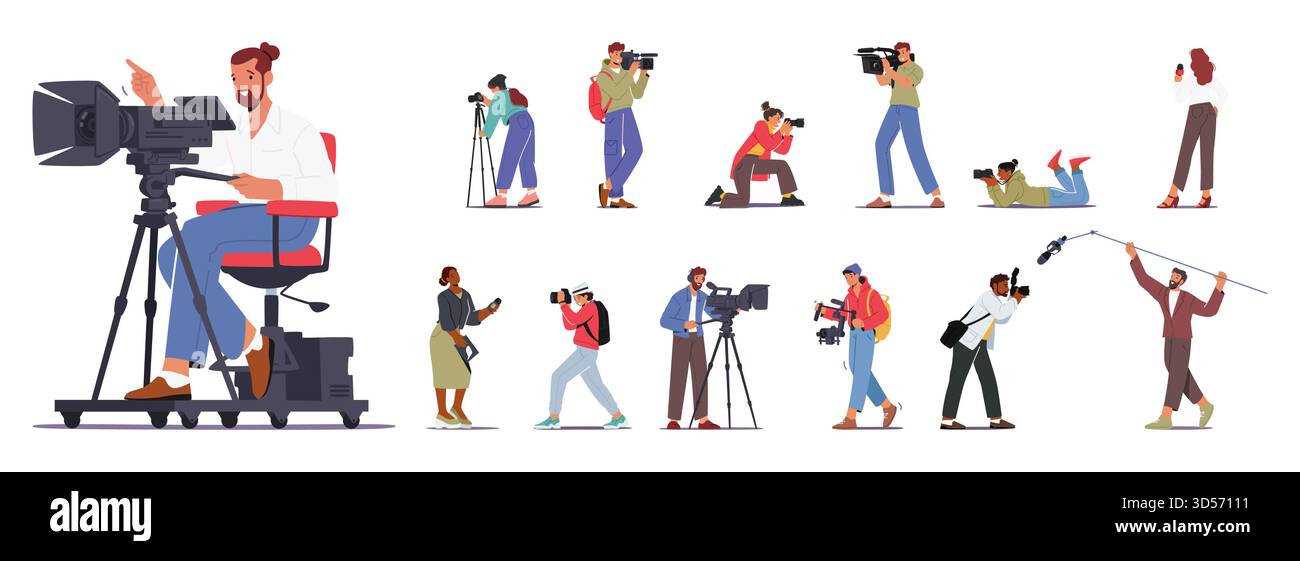 Gruppo di personaggi che tengono in mano fotocamere e videocamere, catturando i momenti con entusiasmo. Un mix dinamico di fotografi e videografi crea Visu Illustrazione Vettoriale