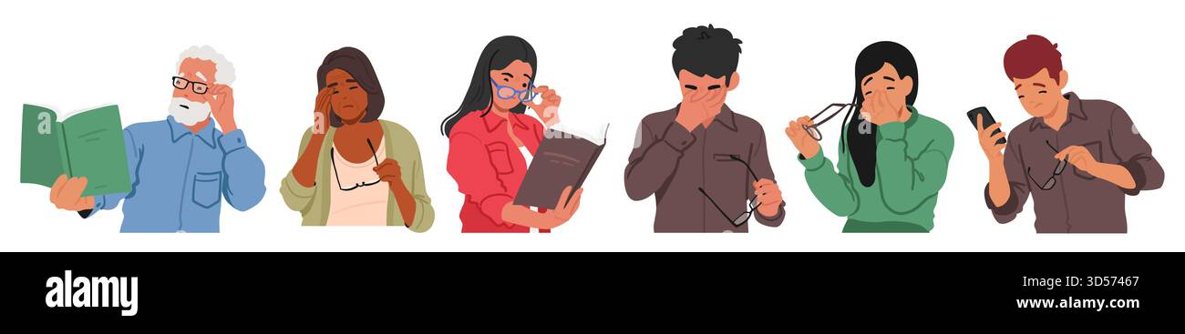 Gruppo di giovani e anziani con occhi stanchi o malati. I personaggi maschili e femminili con problemi di visione sperimentano una visione sfocata, difficoltà di messa a fuoco, o Illustrazione Vettoriale